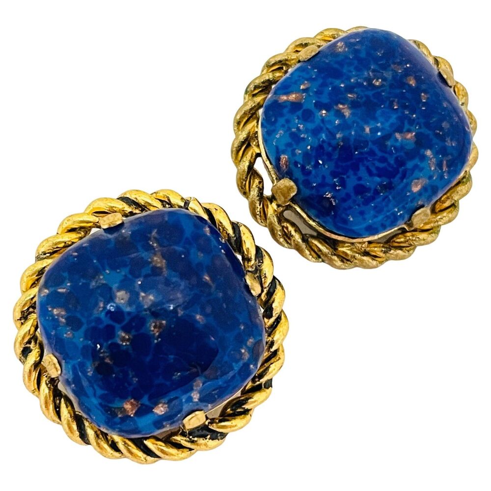 Vintage gold tone lapis glass designer clip on earrings